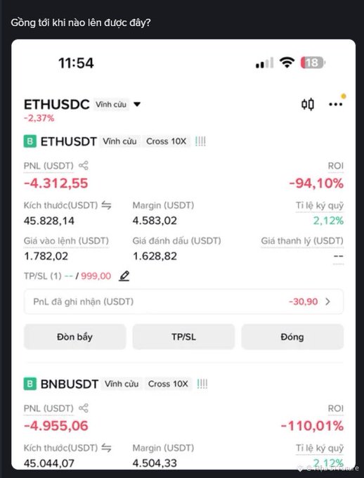 The image shows a Binance futures trading app screenshot displaying two losing positions: ETHUSDT with a -4,312.55 USDT PNL (-94.10% ROI) and BNBUSDT with a -4,955.06 USDT PNL (-110.01% ROI), illustrating the post's criticism of leveraged positions entered without stop-losses.
