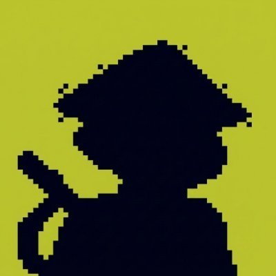 A minimalist pixel art silhouette of a person with short hair against a bright yellow-green background, rendered in black.