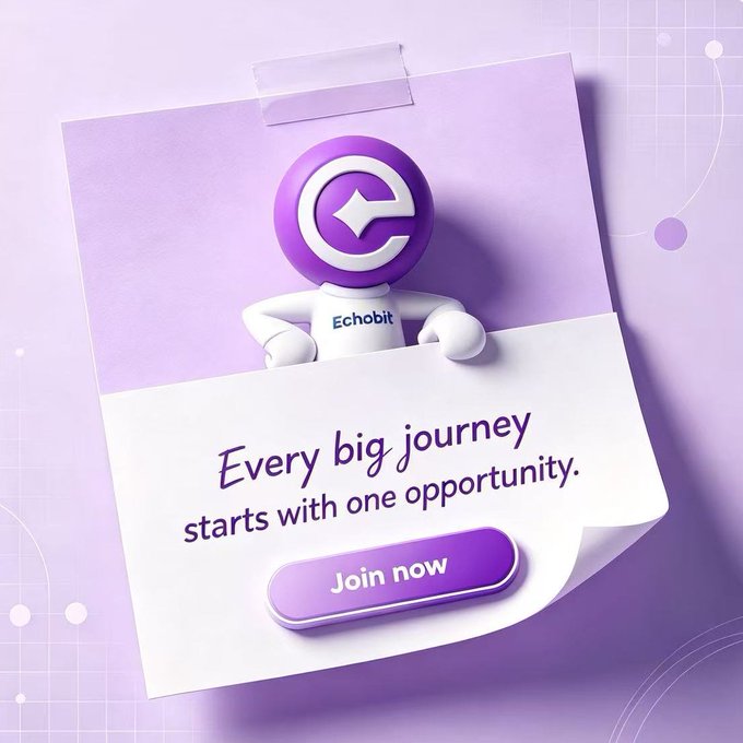 A 3D mascot with a purple "E" head and an "Echobit" shirt peeks over a sticky note reading "Every big journey starts with one opportunity," featuring a "Join now" button—promoting the Echobit Exchange airdrop giveaway.