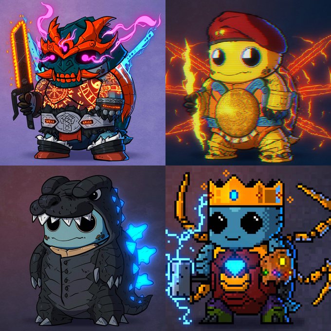 The image is a 2x2 grid showcasing four distinct NFT-style character artworks—a fiery samurai demon wielding glowing katanas, a golden pixel-art turtle knight holding a staff, a hooded shark creature with blue accents, and a pixelated royal figure with a crown and scepter—all representing the diverse creative talent thriving in the Hedera (HBAR) NFT community.