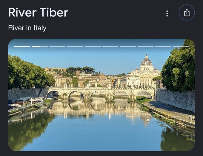 A travel information card for "River Tiber" in Italy, showing a scenic view of a stone bridge over the river with St. Peter's Basilica visible in the background.
