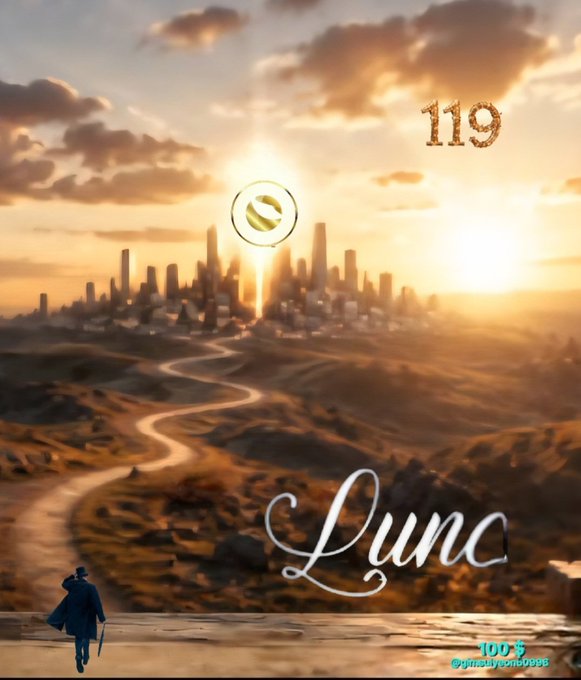 A scenic landscape image with a figure walking toward a distant city skyline at sunset, overlaid with the number '119', the word 'Lync' in cursive script, and a small tennis ball icon.