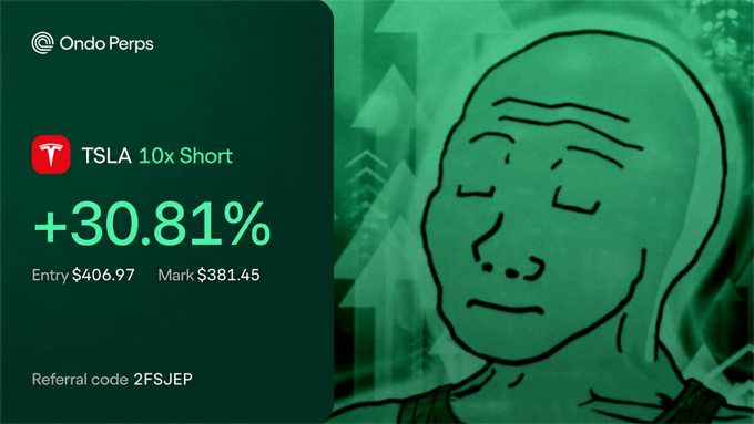 A dark-themed promotional graphic for 'Ondo Perps' shows a 'TSLA 10x Short' position with a '+30.81%' gain, Entry $406.97, Mark $381.45, and Referral code '2FSJEP', next to a meme character.