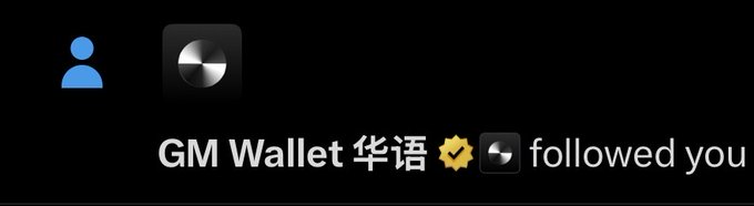 A dark notification banner showing 'GM Wallet 华语' with a verified badge followed you, accompanied by a silver/metallic profile icon.
