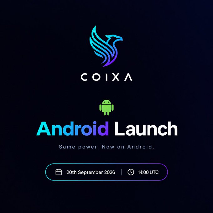 A promotional graphic featuring the Coixa logo (a teal-to-blue phoenix emblem) above the text "Android Launch" with the tagline "Same power. Now on Android." The design includes a green Android mascot and announces the launch date of 20th September 2026 at 14:00 UTC.