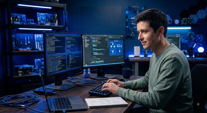 A man in a green shirt working at a multi-monitor cybersecurity setup with code displayed on screens and a 'NODE VALIDATED' message visible.