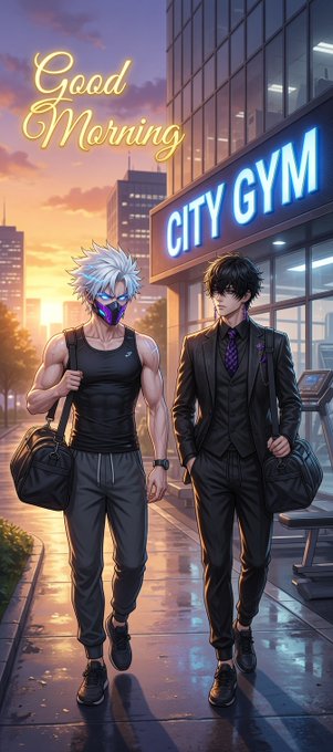 Two anime-style male characters walk side by side on a city sidewalk at sunrise, one in athletic wear carrying a gym bag and the other in a sharp suit with a purple tie, with a 'CITY GYM' neon sign and 'Good Morning' text in glowing script overhead.