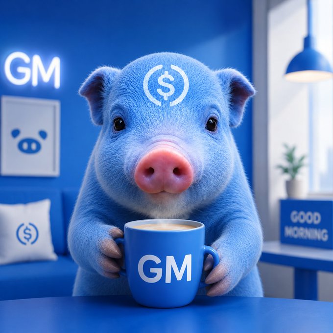 A blue pig with a dollar sign on its forehead holds a blue mug labeled "GM" with both hooves, surrounded by a blue room with "GM" neon signage and a "GOOD MORNING" sign.