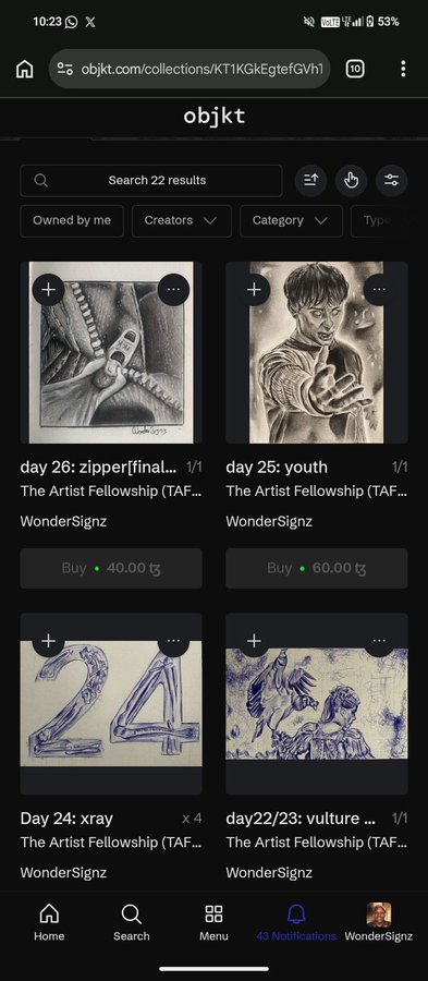 A mobile screenshot of the objkt.com NFT marketplace showing a collection by WonderSignz featuring various artworks including 'day 26: zipper[final]', 'day 25: youth', 'Day 24: xray', and 'day22/23: vulture' with prices in tezos (tz).