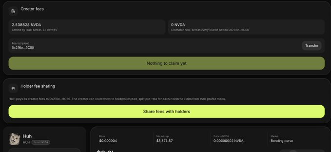 A dark-themed crypto interface showing 'Creator fees' and 'Holder fee sharing' for a token called 'Huh' tied to NVDA, with earnings of 2.538828 NVDA.