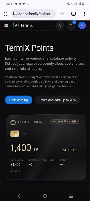 A mobile screenshot of the TermiX website showing 'TermiX Points' page with a balance of '1,400 TP', text reading 'Earn points for verified marketplace activity.', and buttons for 'Start earning' and 'Invite and earn up to 20%'.