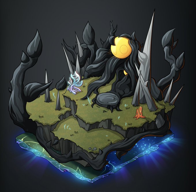 A stylized 3D diorama featuring a dark, twisted tree with a yellow skull, pointed spikes, and a small white creature on a grassy island floating on a glowing blue surface.
