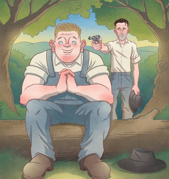 A cartoon illustration depicting a large, smiling man in blue overalls sitting on a log in a forest setting, while a thinner man behind him points a revolver, with a hat resting on the ground.