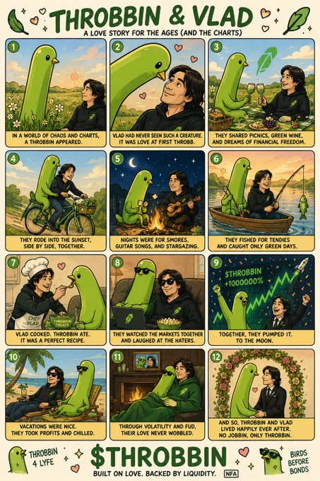 A comic-style meme titled 'THROBBIN & VLAD: A LOVE STORY FOR THE AGES (AND THE CHARTS)' depicting a 12-panel narrative between a green bird character named Throbbin and a human named Vlad, culminating in the tagline '$THROBBIN BUILT ON LOVE. BACKED BY LIQUIDITY.'