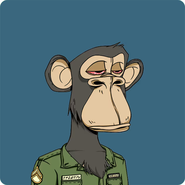 The image features a cartoon monkey wearing a green uniform, possibly an army uniform, with the word "BoredApe" written on its back. The monkey appears to be looking off into space or staring at something out of frame. The caption below the image reads: "Super nice @BoredApeYC sells for 10 ETH". This suggests that the monkey is being sold as a collectible item, possibly due to its unique appearance and the fact that it is wearing an army uniform.