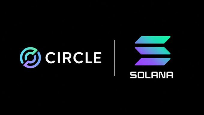 The image displays the logos of Circle and Solana side by side on a black background, visually representing the partnership highlighted by Circle minting $5 billion in USDC on the Solana blockchain over the past week.