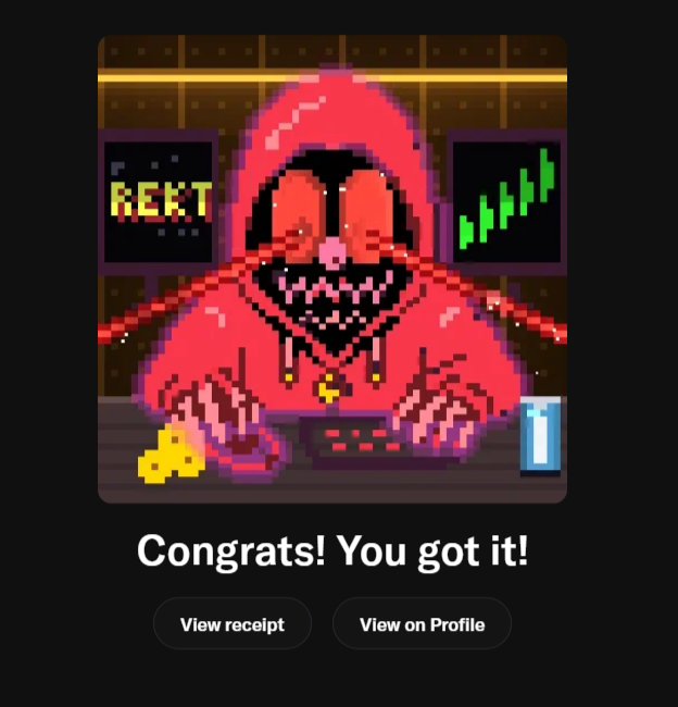 A pixel art gaming achievement screen showing a red-hooded character at a computer desk with 'REKT' text and a green chart in the background, with the text 'Congrats! You got it!' and buttons for 'View receipt' and 'View on Profile'.
