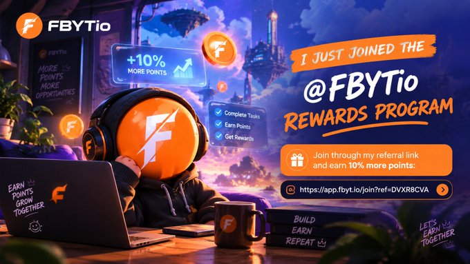 A promotional graphic for the FBYTio Rewards Program featuring a hooded figure with an orange logo mask, headphones, a laptop displaying 'EARN POINTS GROW TOGETHER', and a referral link 'https://app.fbyt.io/join?ref=DVXRBCVA' offering 10% more points.