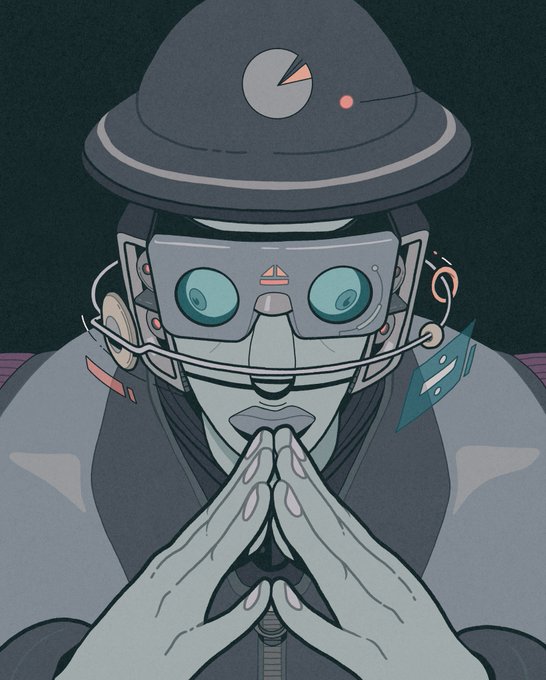 An illustration of a robotic character with large teal eyes, wearing a dark hat with a pie chart logo and having various mechanical attachments on its face, with its hands clasped together.