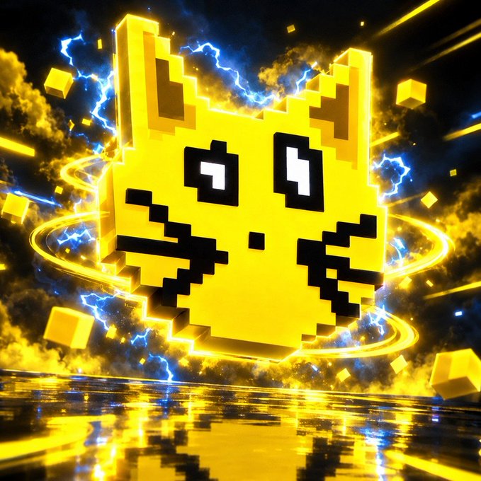 A glowing yellow, pixelated cat face appears in a Minecraft-style design, surrounded by floating cubes and streaks of lightning against a dark background.