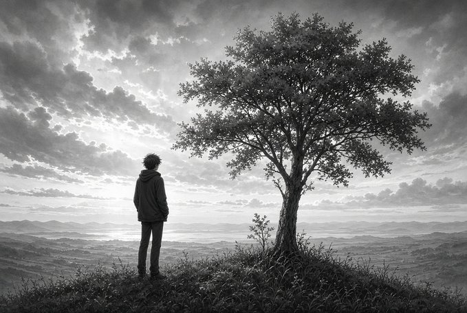 A lone figure in a hoodie stands on a hilltop beside a solitary, leafy tree, gazing out over a vast landscape beneath a dramatic, cloud-filled sky.

The image's sense of vast openness and quiet reflection visually echoes the post's reminder about change, suggesting that even small, still moments—like standing beneath a lone tree—can mark the beginning of a year's transformation.