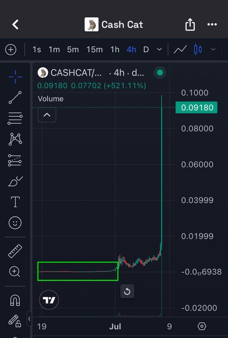 A TradingView chart of the meme token "Cash Cat" (CASHCAT) showing a massive +521.11% surge on the 4-hour timeframe, with the green highlighted box illustrating the long period of flat price action before the sudden parabolic breakout—visual proof that low-cap "trench" coins can deliver explosive pumps.