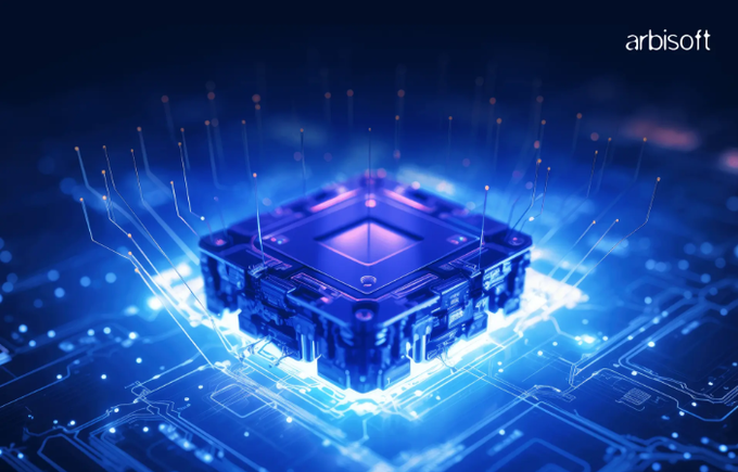 An artistic rendering of a glowing blue computer chip/processor with circuit lines, branded with 'arbisoft' in the top right corner.