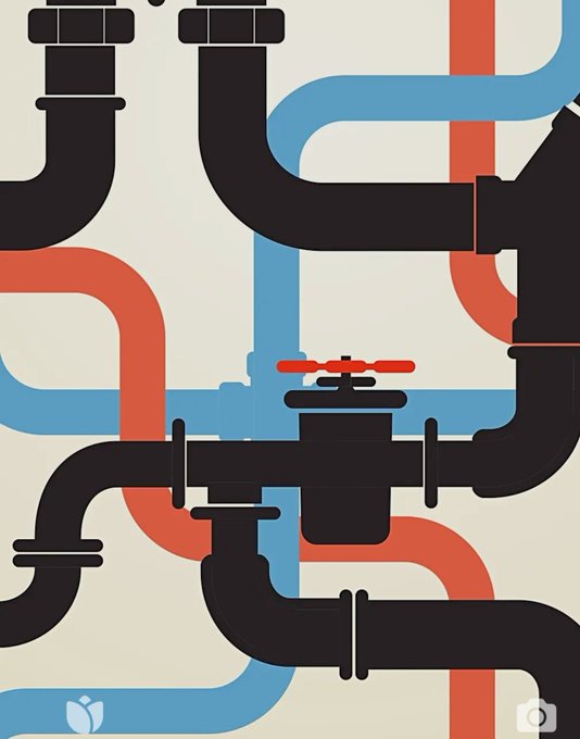 Illustration of an intricate network of black, red, and blue industrial pipes with valves and joints against a light background.