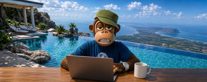 An AI-generated image of a Bored Ape Yacht Club-style monkey character wearing a green cap and blue shirt, working on a laptop at a table overlooking a luxurious infinity pool and ocean view.