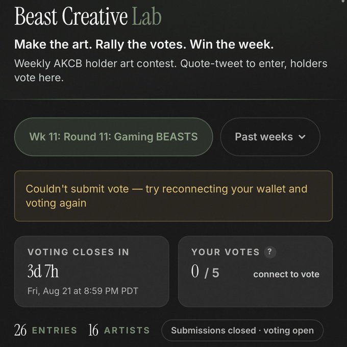 A screenshot of the "Beast Creative Lab" webpage showing a weekly art contest for "Wk 11: Round 11: Gaming BEASTS" with 26 entries from 16 artists, noting voting closes in 3 days 7 hours.