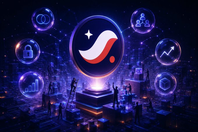 A futuristic digital artwork featuring a central red and white logo surrounded by glowing bubbles containing icons for charts, people, security, growth, and cubes, with silhouettes of people climbing ladders on a cityscape below.