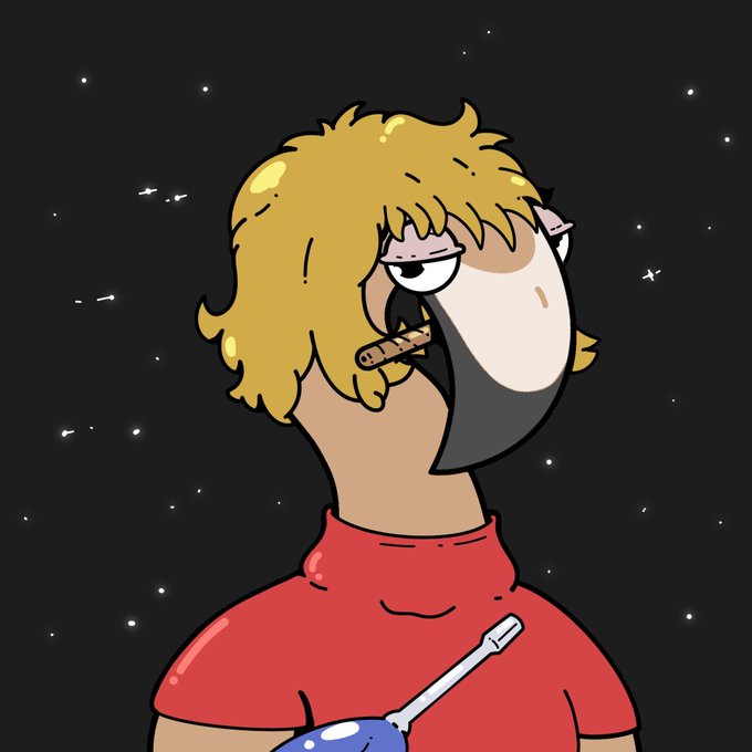 A cartoon character with blonde hair and a bird-like face smokes a cigar while wearing a red shirt, set against a starry night sky background.