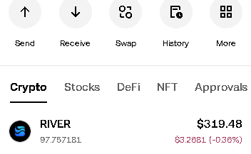 A crypto wallet interface showing navigation tabs (Send, Receive, Swap, History, More) and RIVER token priced at $319.48 with a -0.38% decline.