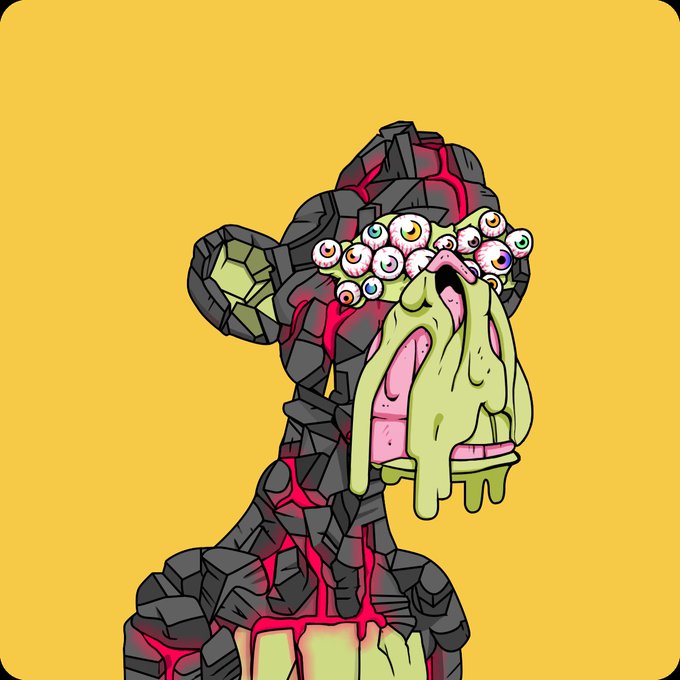 A cartoon illustration of a grotesque, melting creature made of cracked lava rock, featuring a cluster of bloodshot eyeballs and dripping green slime.