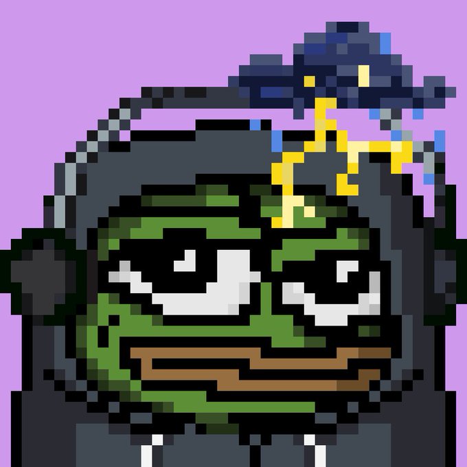 Pixel art portrait of a green-faced character with a wide grin, headphones, and sunglasses, with a small bird perched on their head against a purple background.