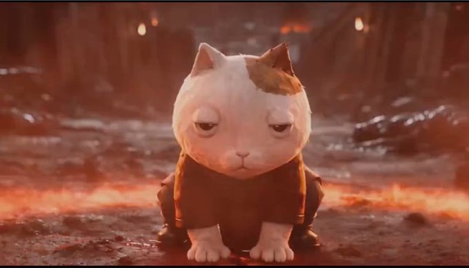 A determined, wide-eyed cat with an orange-and-white face sits resolutely amid a fiery, apocalyptic landscape, perfectly capturing the meme sentiment of courageously buying the dip in $KET despite market turmoil.