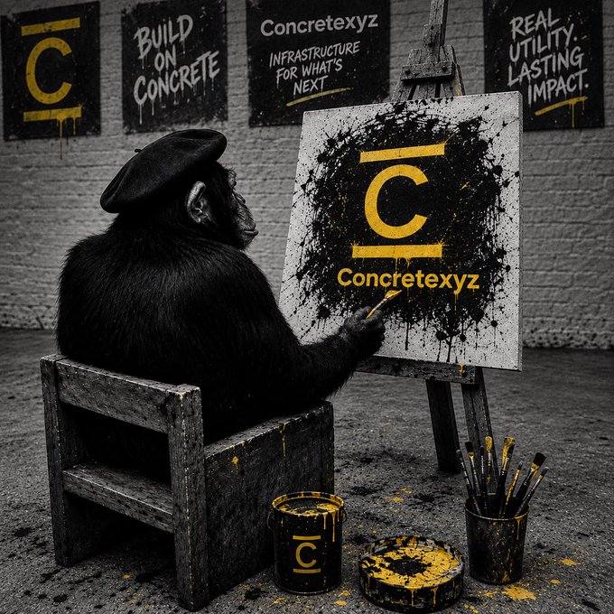 A creative black-and-yellow advertisement for the brand 'Concretexyz' shows a chimpanzee wearing a beret painting the company logo on a canvas, surrounded by artwork reading 'BUILD ON CONCRETE' and 'INFRASTRUCTURE FOR WHAT'S NEXT.'