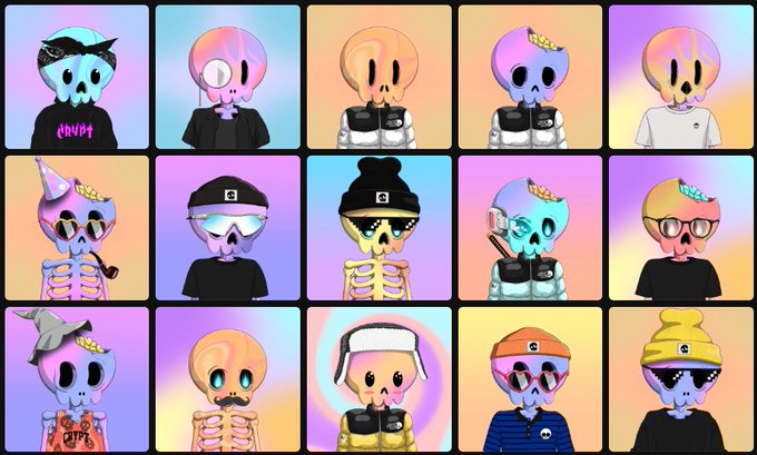 A grid of fifteen colorful cartoon skull NFTs featuring various outfits, hairstyles, and accessories in a stylized digital art collection.