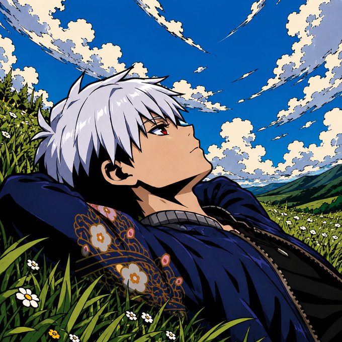 An anime-style illustration of a silver-haired character lying in a grassy field of flowers, gazing up at a vibrant blue sky filled with clouds.