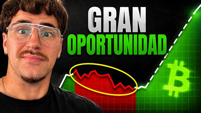 YouTube thumbnail featuring a surprised-looking man with glasses, text reading 'GRAN OPORTUNIDAD', a Bitcoin chart showing a dip circled in yellow, and a Bitcoin symbol.
