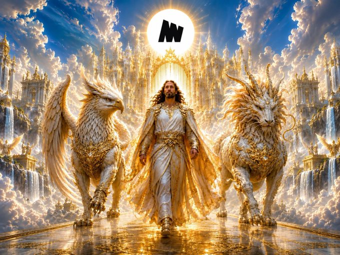 A fantasy illustration of a divine figure in white robes flanked by two winged golden creatures against a heavenly backdrop with the 'NN' logo.