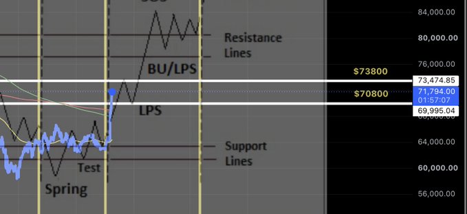 A financial chart displays a Wyckoff Phase D pattern with key levels marked: resistance lines at $73,800 and support lines at $70,800, alongside labels for "Spring Test," "LPS" (Last Point of Support), and "BU/LPS" (Back-Up/Last Point of Support), projecting a price path toward $84,000.