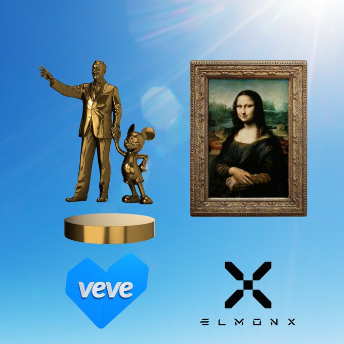 A promotional graphic featuring a golden statue of Walt Disney and Mickey Mouse next to the Mona Lisa painting, with the VeVe and Elmonx logos displayed below against a blue sky background.