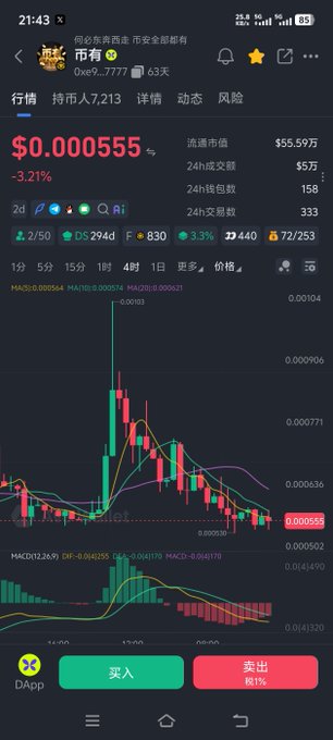 A cryptocurrency trading app displaying a token price of $0.000555 with a -3.21% change, showing a candlestick chart with MACD indicator and trading data in Chinese.