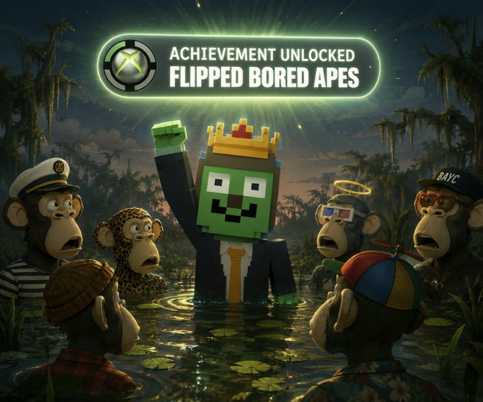 A pixel-art style illustration of a crowned character with an Xbox achievement banner reading 'ACHIEVEMENT UNLOCKED FLIPPED BORED APES' surrounded by Bored Ape-like characters in a swamp.