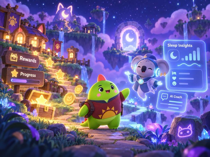 A whimsical, fantasy-style app interface featuring a green dinosaur character and a koala character in a magical landscape with UI elements labeled 'Rewards,' 'Progress,' 'Sleep Insights,' and 'AI Coach.'
