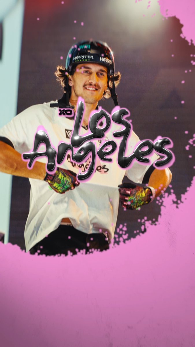 An athlete in a "Los Angeles" jersey and "Monster Energy" helmet is ready to compete for the X Games League 2026 Summer Championship. The image directly relates to the post by showcasing the team and their association with Los Angeles.