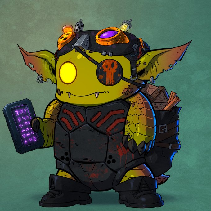 A stylized illustration of a green, cyclops goblin-like creature wearing goggles and armor, holding a glowing purple tablet with runes, and carrying scrolls on its back.