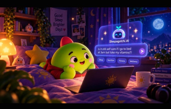 A cute green cartoon character lies in bed with a laptop, using 'Sleepagotchi AI' which asks 'Is it still self care if I go to bed at 3am but take my vitamins?'