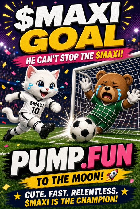 A colorful meme-style promotional graphic featuring a white kitten in a '$MAXI 10' jersey kicking a soccer ball past a crying bear goalkeeper, with bold text reading '$MAXI GOAL', 'HE CAN'T STOP THE $MAXI!', 'PUMP.FUN TO THE MOON!', and 'CUTE. FAST. RELENTLESS. $MAXI IS THE CHAMPION!'